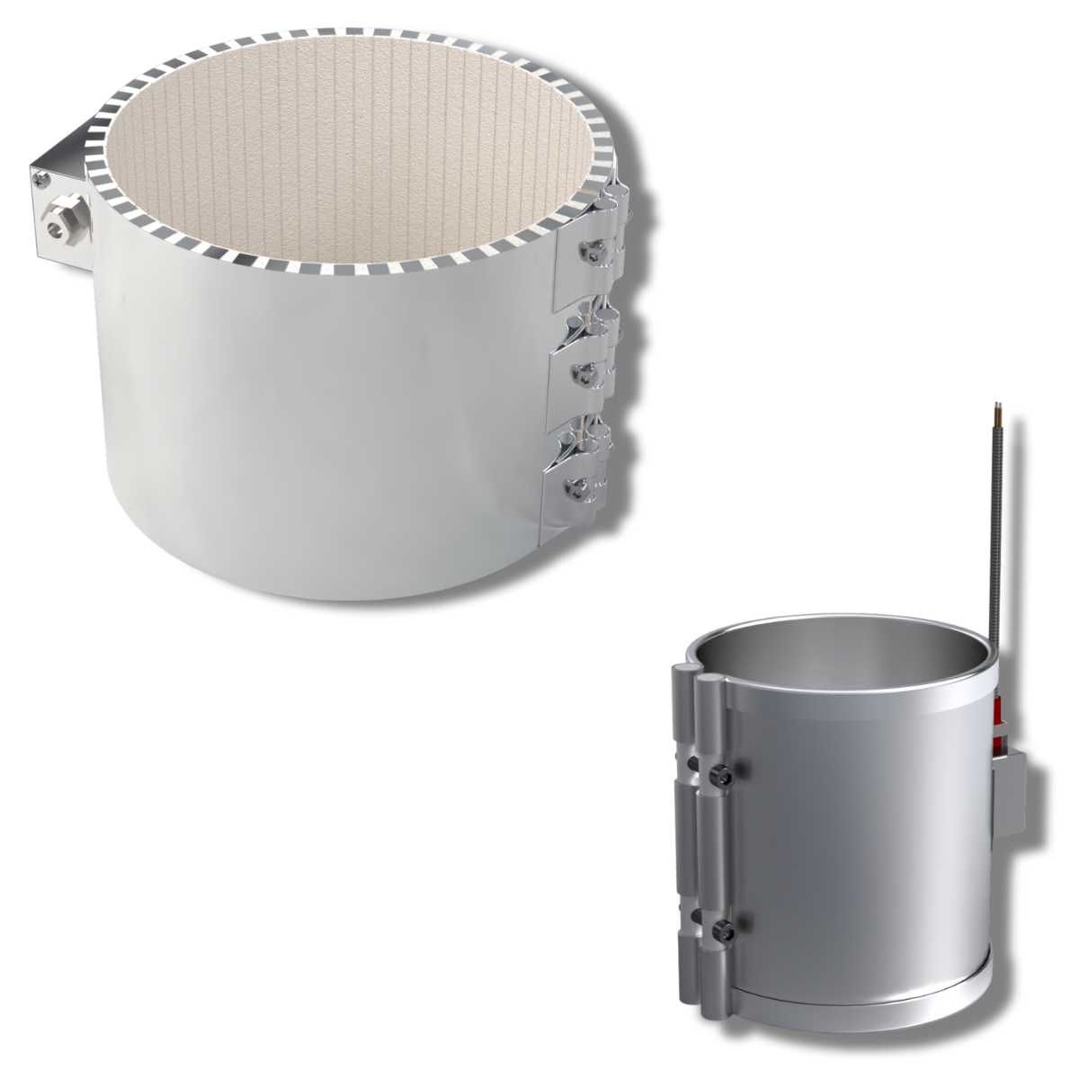 Two band heaters closed into a cylinder, one lined with ceramic and one in plain steel.