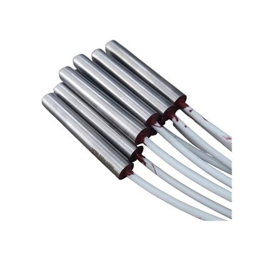Six stainless steel cartridge heaters in a bundle, each with two white leads.