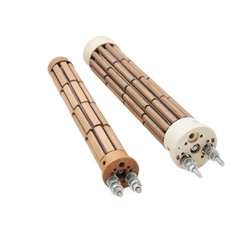 Two ceramic-core heaters, the resistance wire wound over a ribbed ceramic body.