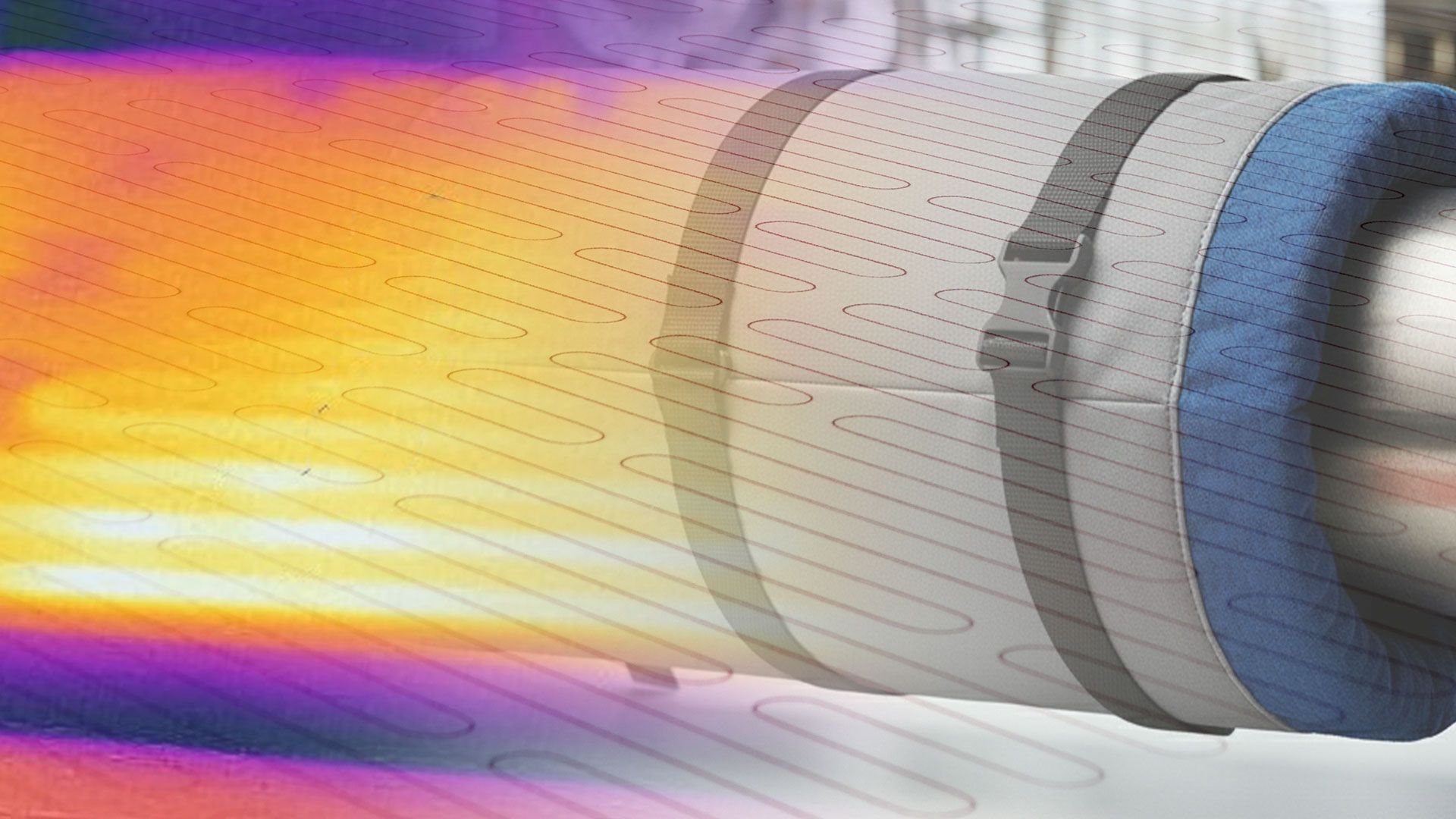 A heating jacket strapped around a pipe, with a thermal image showing the heat spread along it.