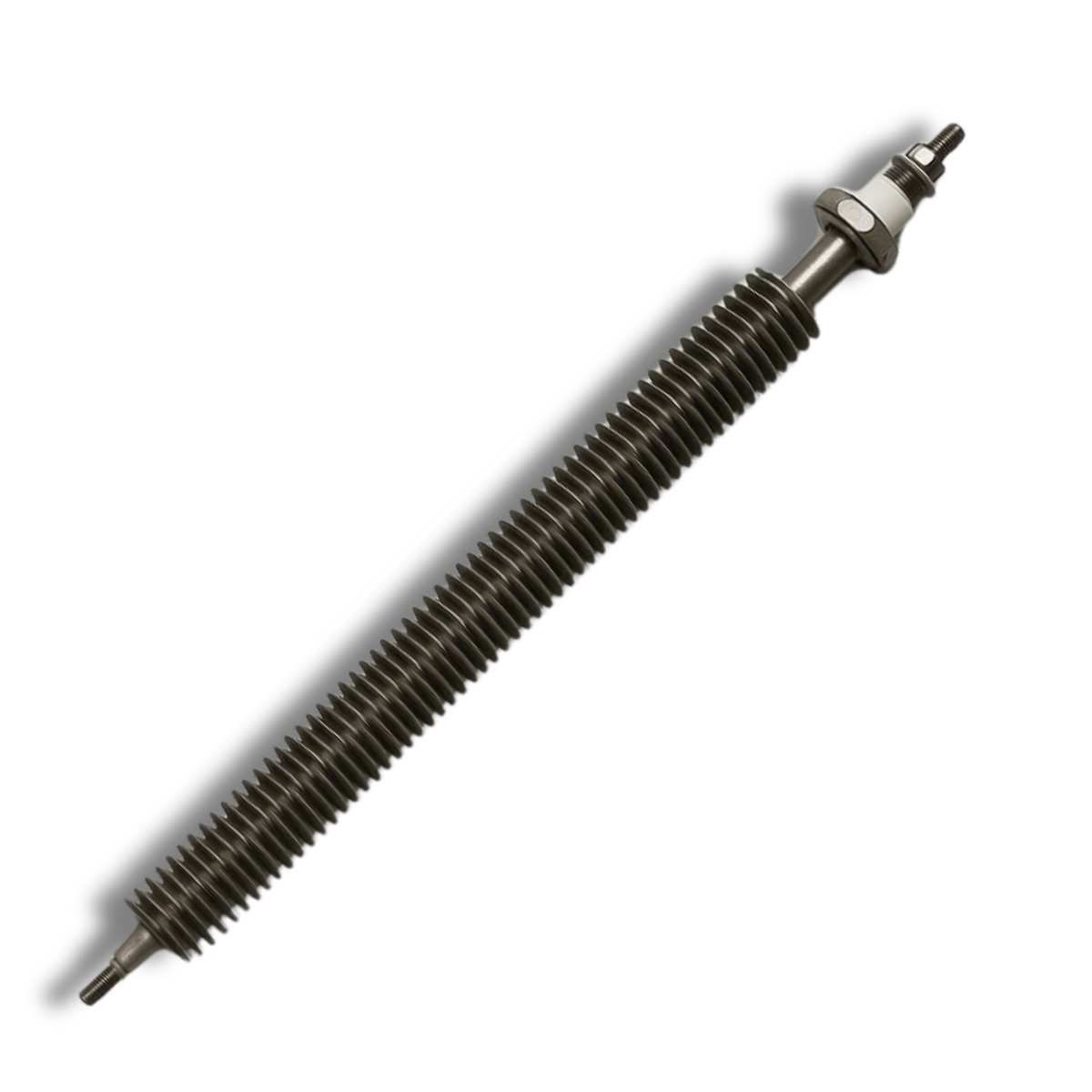 A straight finned tubular heater, a close-wound fin spiral over the tube with a threaded terminal.