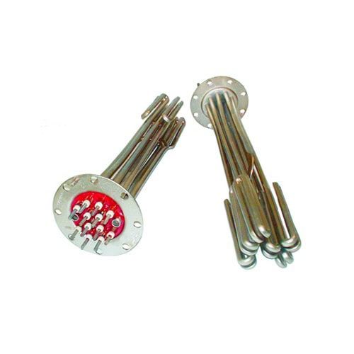 Two flanged immersion heaters, bundles of tubes bolted to a round flange.