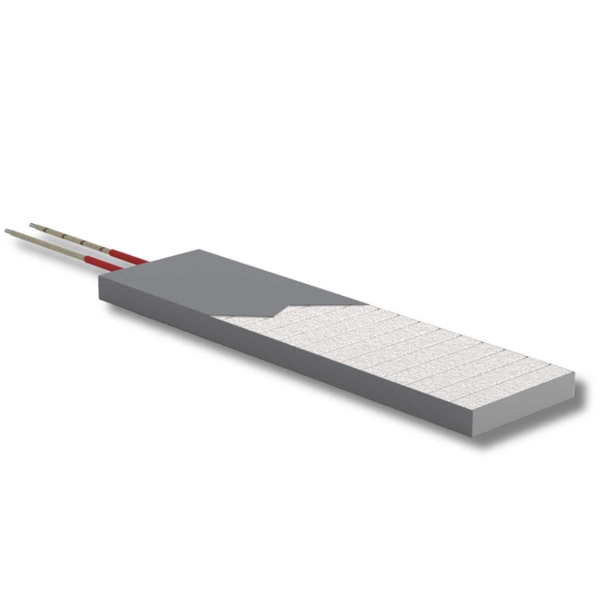 A flat strip heater with a ceramic insulated face and two red-sleeved leads.