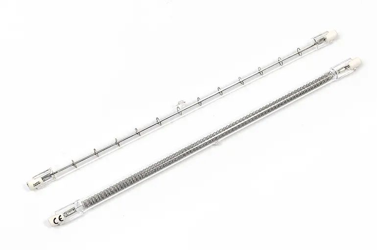 Two halogen quartz lamps, a tungsten filament coiled inside a clear quartz tube.