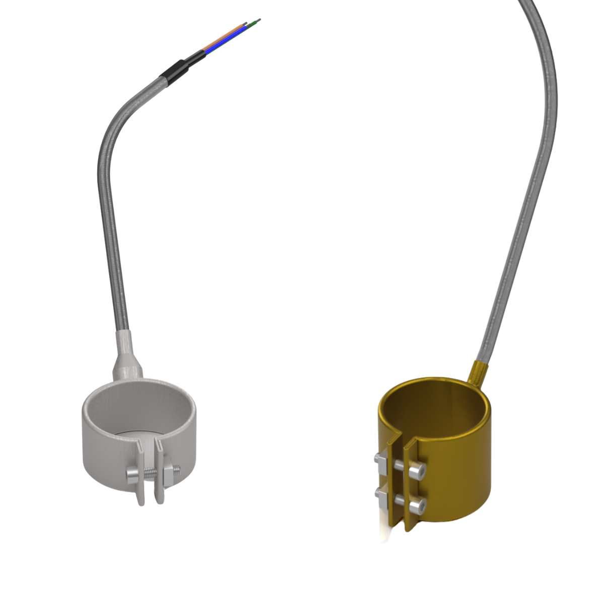 Two nozzle heaters, one steel and one brass, each with a flexible metal conduit over its lead.