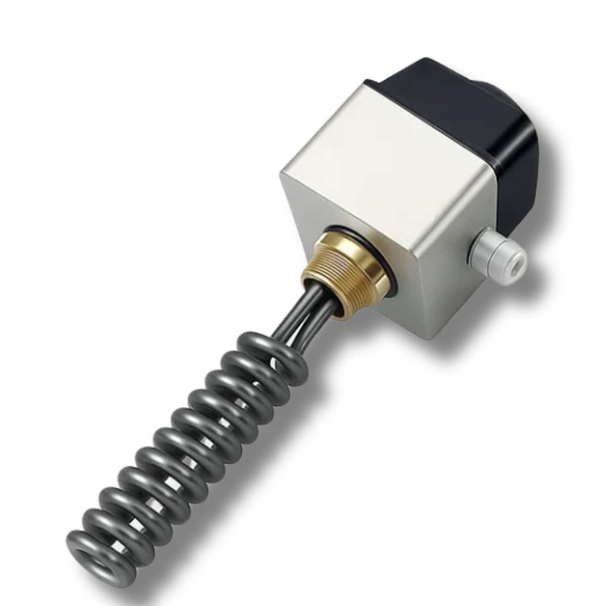 A coiled immersion heater on a brass thread, under a stainless terminal box.