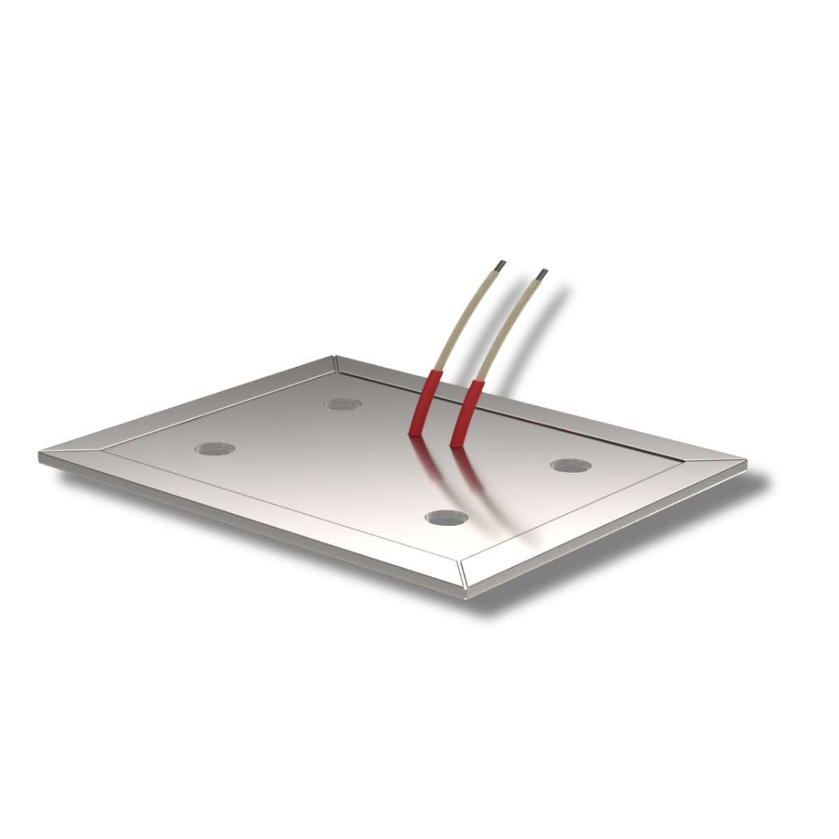 A polished steel plate heater with four fixing holes and two red-sleeved leads.