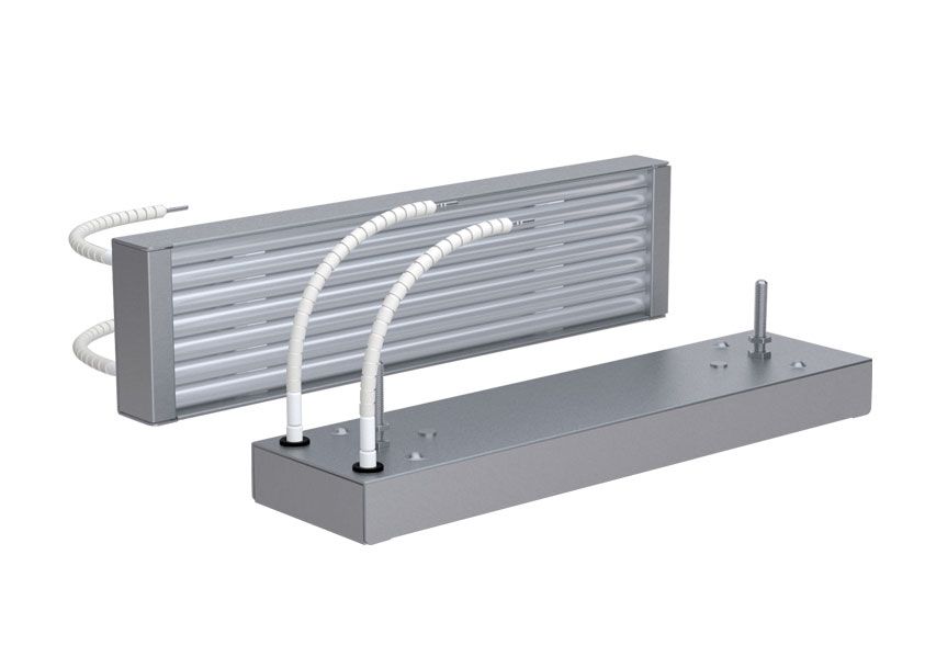 A quartz heater cassette, six clear tubes in a polished reflector, beside its flat backing plate.