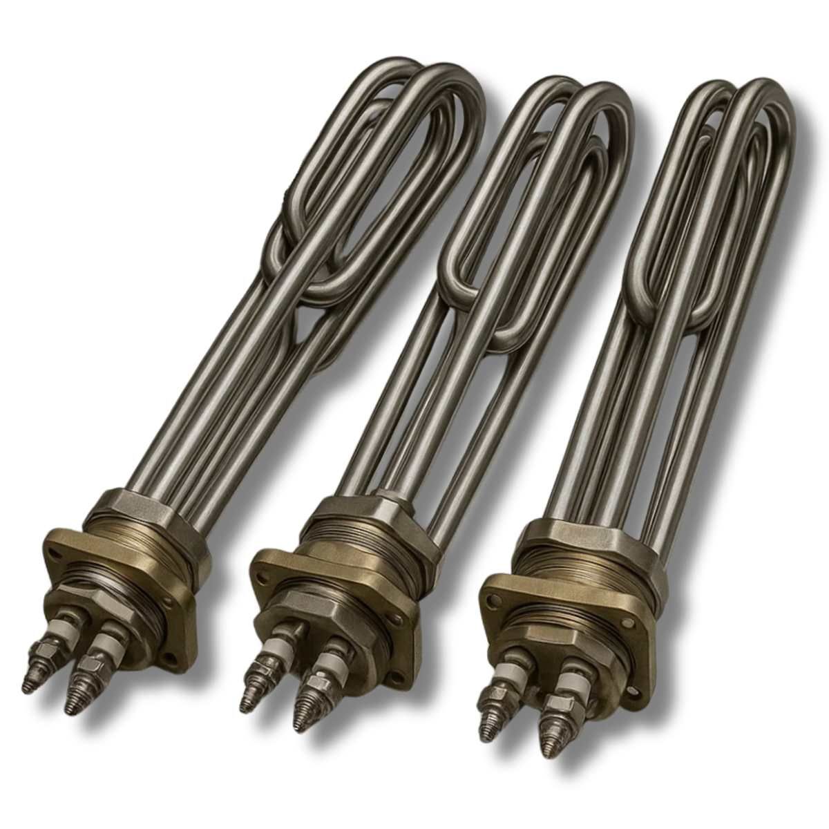 Three screw-plug immersion heaters, folded tube bundles on brass plugs.