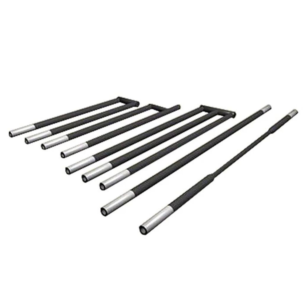 Silicon carbide rods and U-shaped rods, dark along the hot zone with pale cold ends.