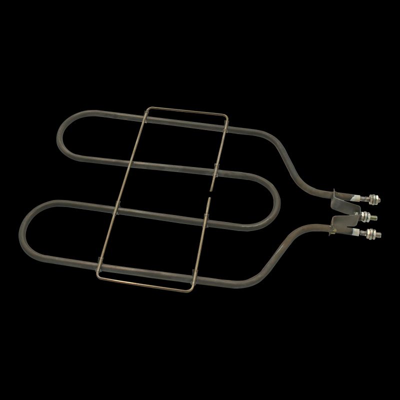 A tubular oven element bent into two long loops, with three screw terminals.