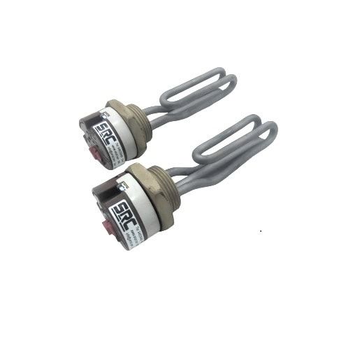 Two water heater elements, each with a threaded boss and a thermostat pocket.